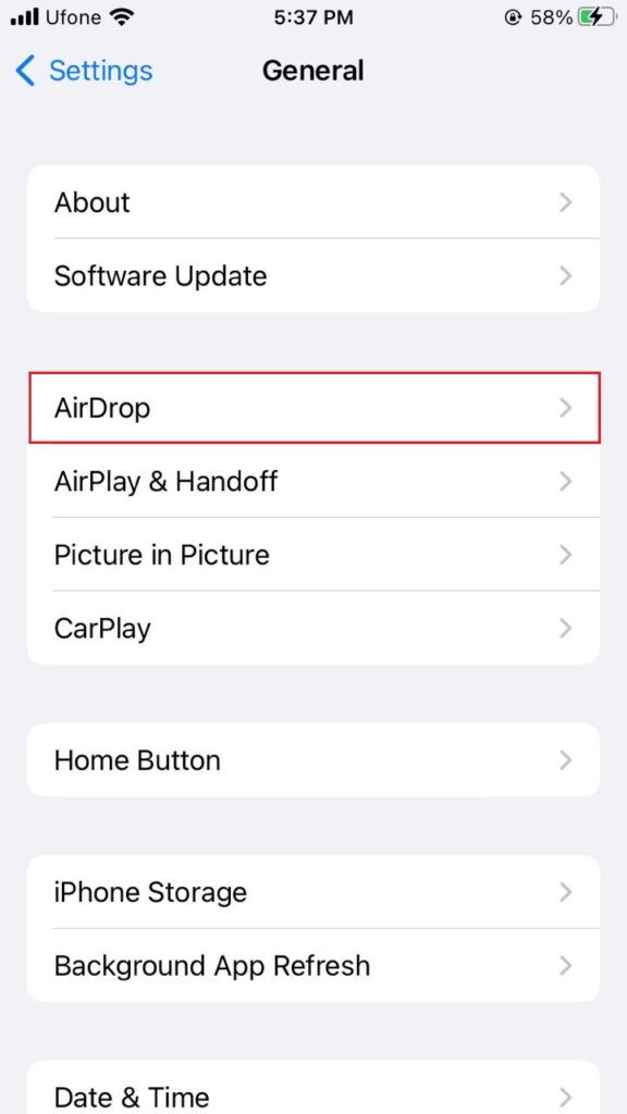 iPhone AirDrop setting 