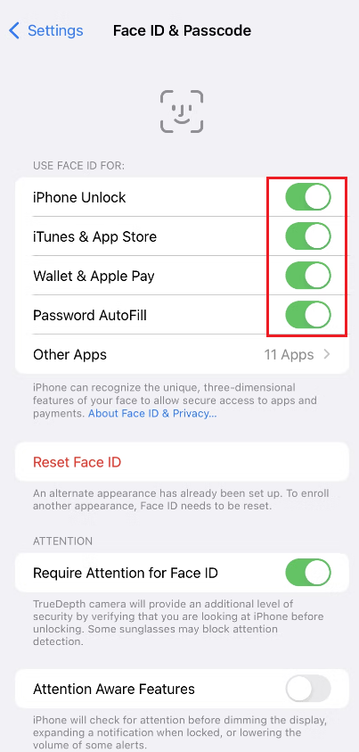 face id & passcode setting