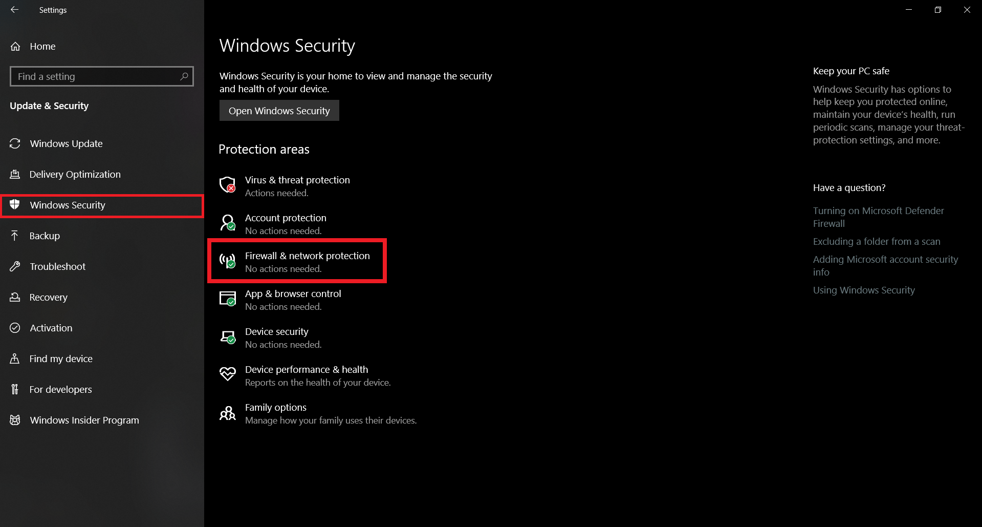 Firewall and Network Protection on Windows 10
