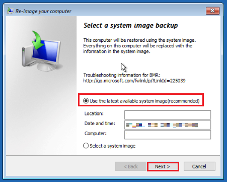 system image backup window