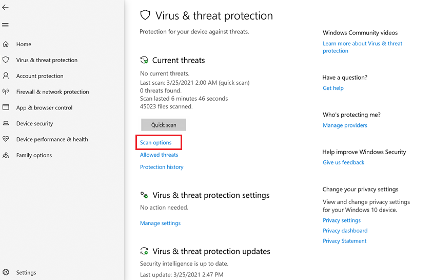 scan options in virus and threat protection window