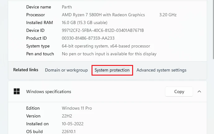 system protection option in settings