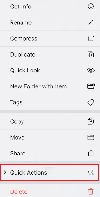 quick action in files app