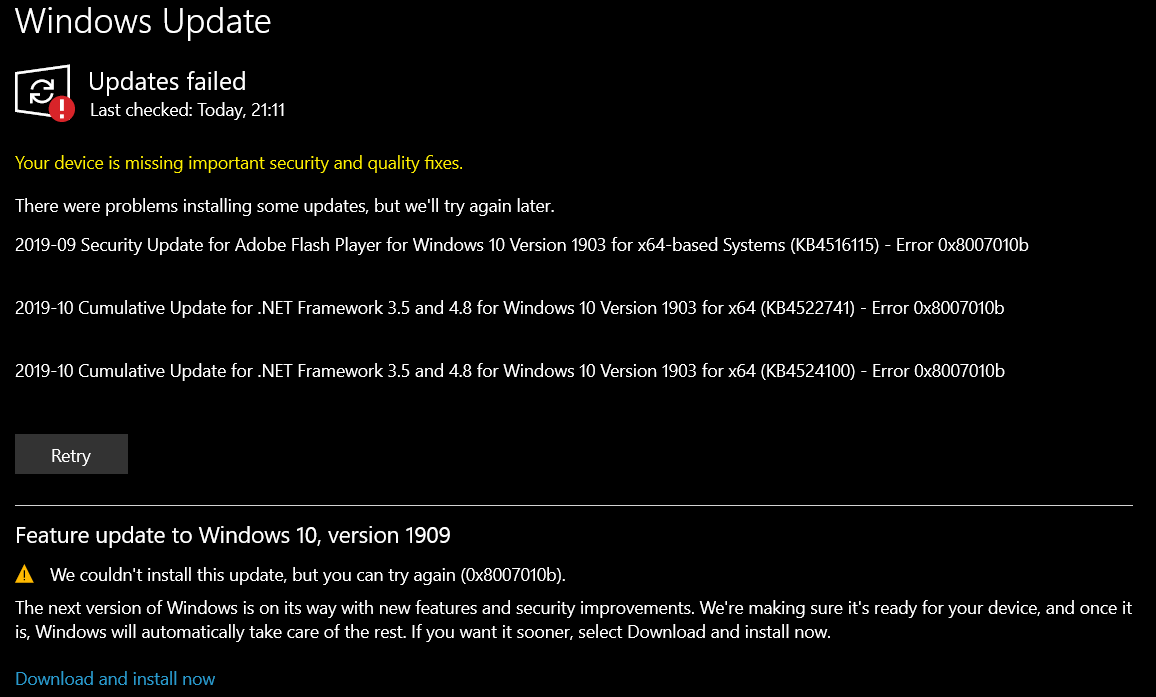 windows update error code 0x8007010b